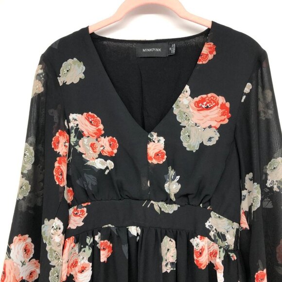 MINKPINK Black Floral V-Neck Long Sheer Sleeve Maxi Dress size XS - Picture 4 of 14